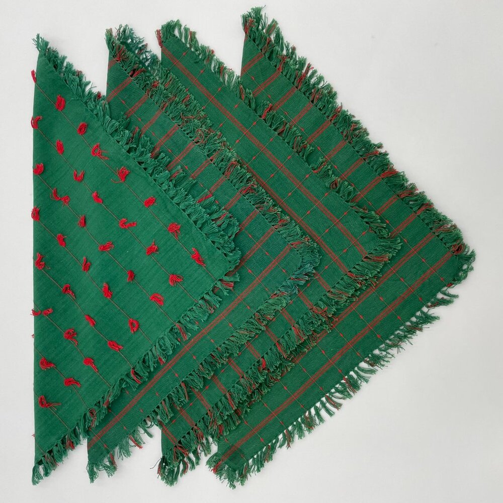 4 Cloth Napkins Green Red Fringe Square Christmas Holiday One Unique Striped